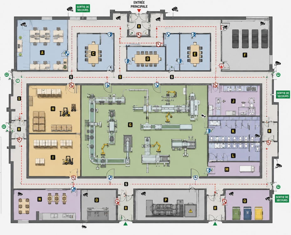 Plan d'aménagement d'un ouvrage de protection avec zones techniques et issues de secours