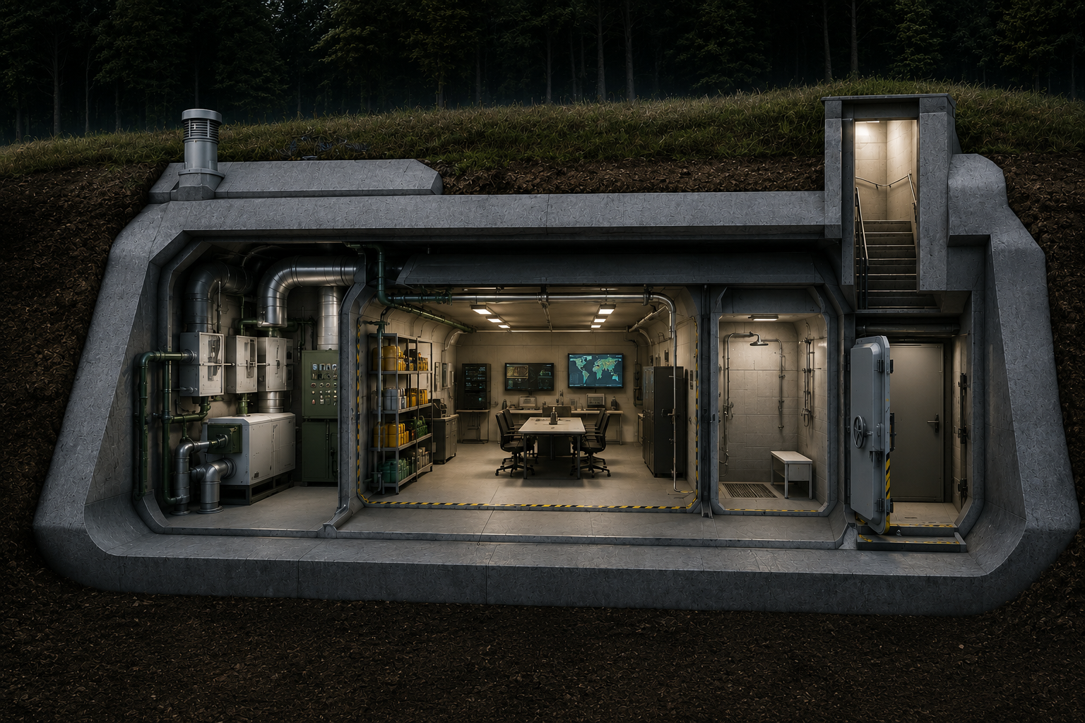 Coupe d'un abri souterrain NRBC avec sas, filtration et salle de commandement